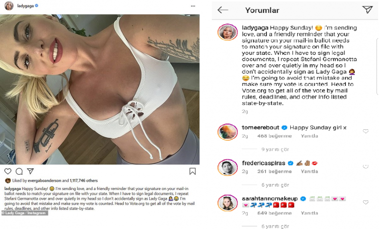 LADY GAGA BAŞKANLIK SEÇİMLERİNE DİKKAT ÇEKEREK, “İMZANIZA DİKKAT EDİN” DEDİ