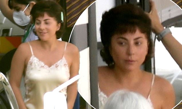 LADY GAGA, SATEN GECE ELBİSESİYLE SETTE