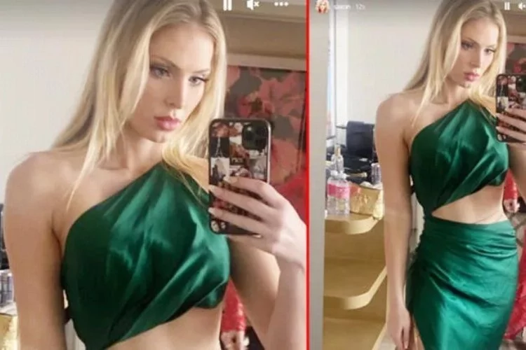 Biri market poşetiyle diğeri buruşuk elbiseyle kırmızı halıda