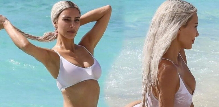 Kim Kardashian iç gösteren bikinisiyle kumsalda şov yaptı